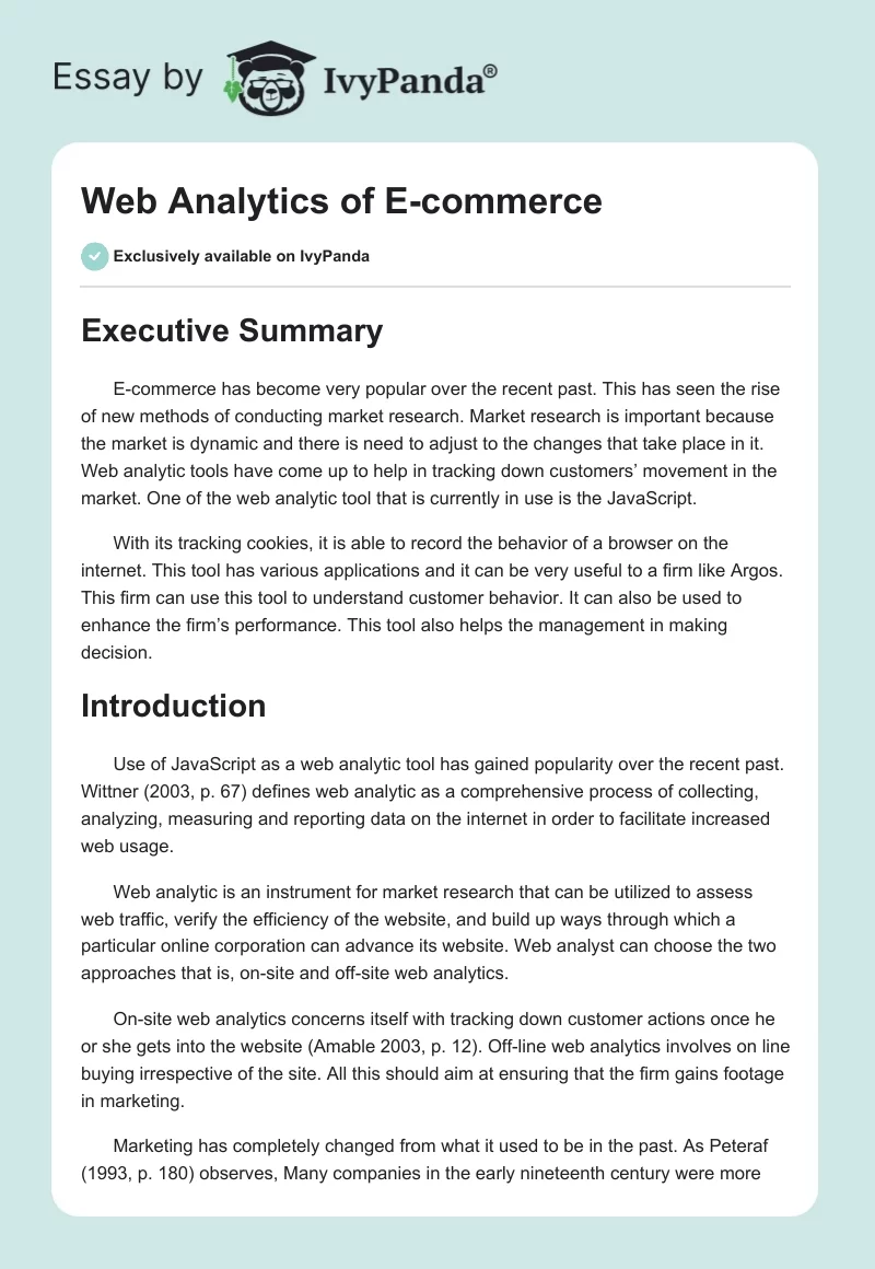 Web Analytics of E-Commerce. Page 1