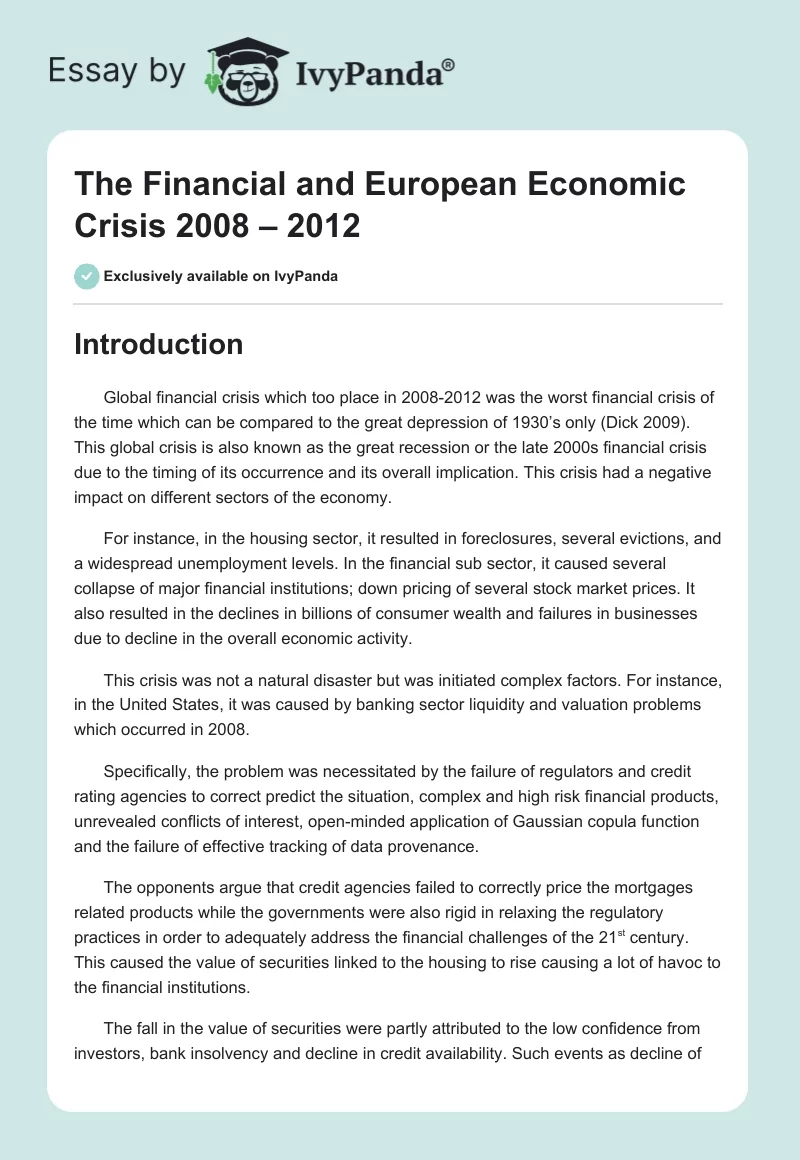 The Financial and European Economic Crisis 2008 – 2012. Page 1