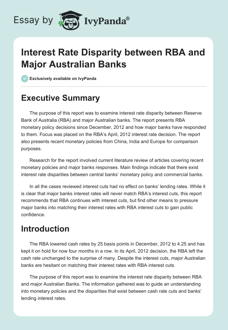 Interest Rate Disparity between RBA and Major Australian Banks. Page 1