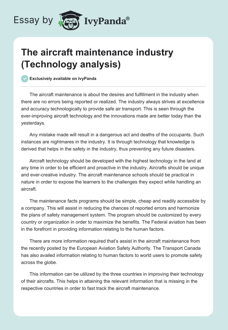 The aircraft maintenance industry (Technology analysis). Page 1