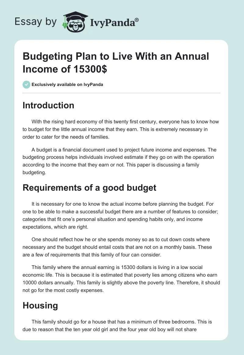 Budgeting Plan to Live With an Annual Income of 15300$. Page 1