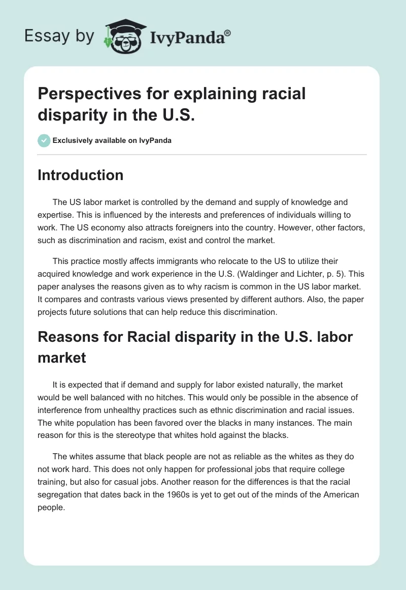 Perspectives for explaining racial disparity in the U.S.. Page 1