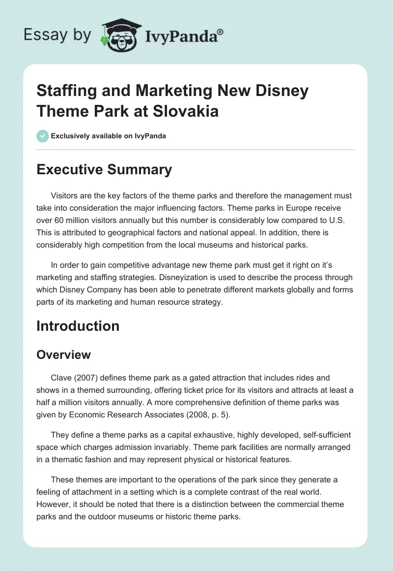 Staffing and Marketing New Disney Theme Park at Slovakia. Page 1