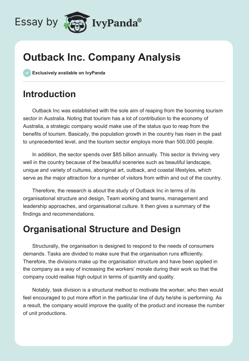 Outback Inc. Company Analysis. Page 1