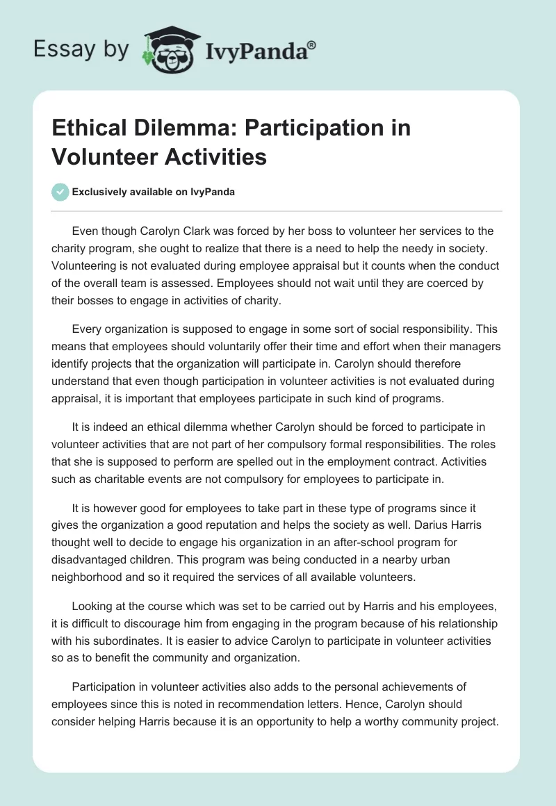 Ethical Dilemma: Participation in Volunteer Activities. Page 1