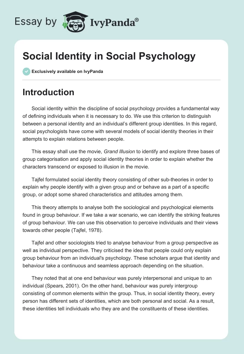 Social Identity in Social Psychology. Page 1