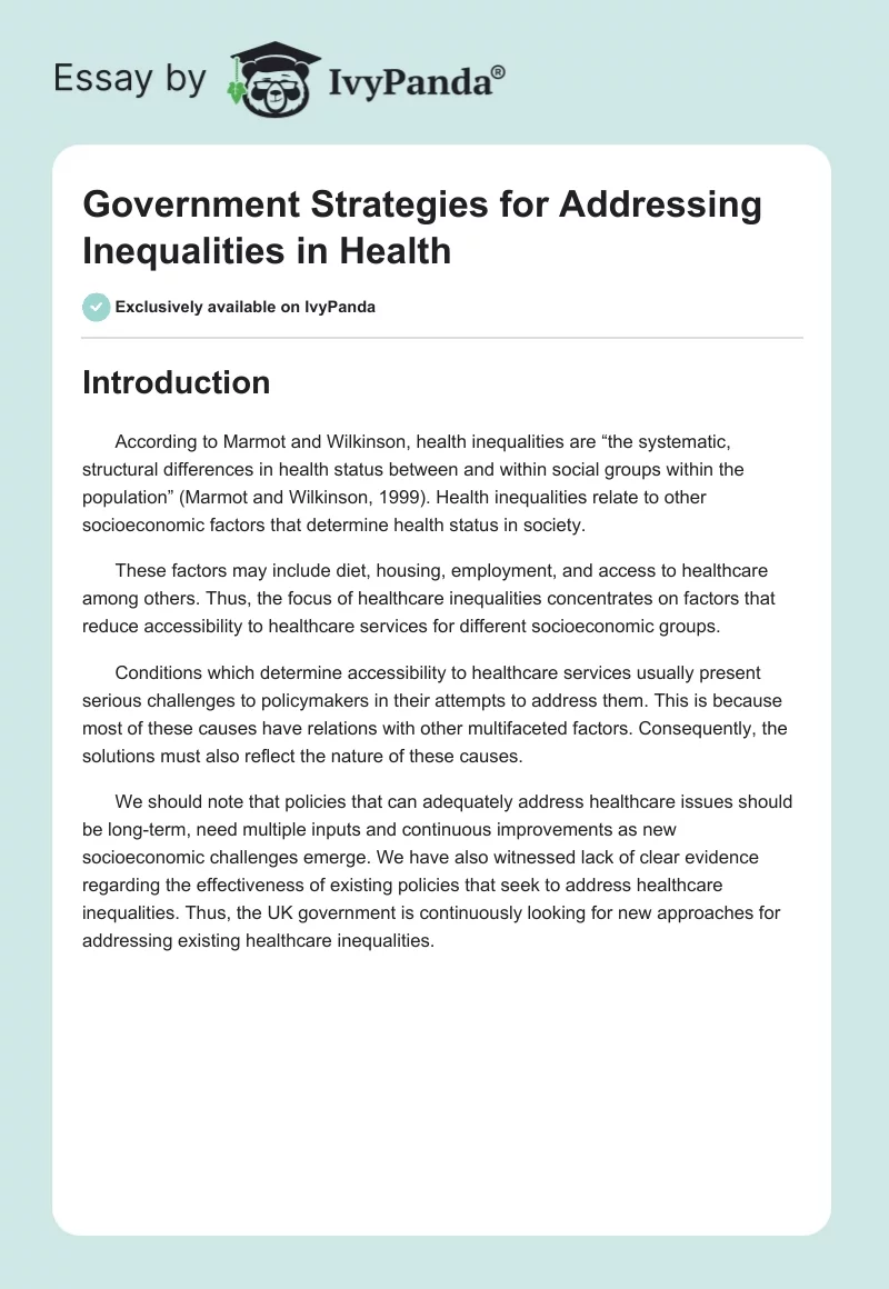 Government Strategies for Addressing Inequalities in Health. Page 1