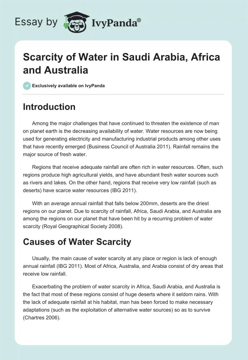 Scarcity of Water in Saudi Arabia, Africa and Australia. Page 1