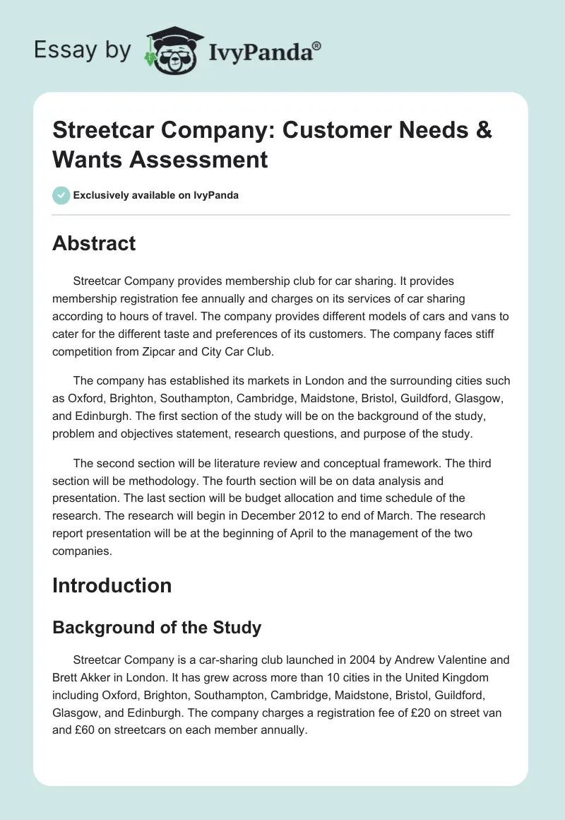 Streetcar Company: Customer Needs & Wants Assessment. Page 1