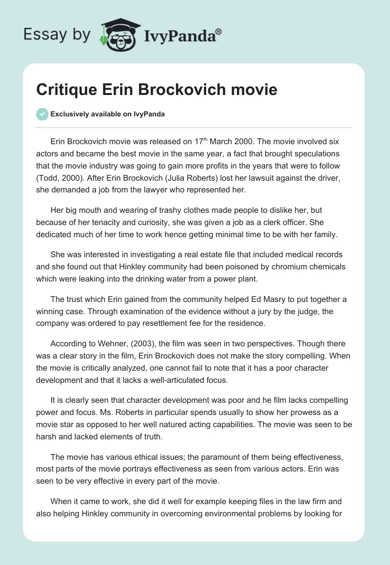 Critique Erin Brockovich Movie. Page 1