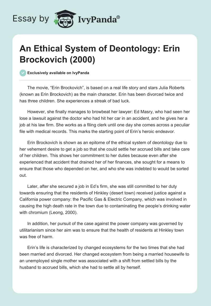 An Ethical System of Deontology: Erin Brockovich (2000). Page 1