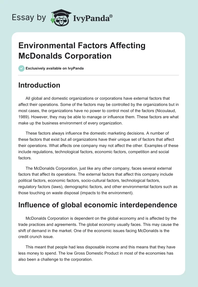 Environmental Factors Affecting McDonalds Corporation. Page 1