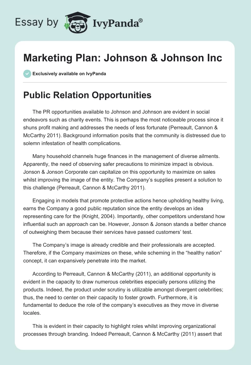 Marketing Plan: Johnson & Johnson Inc. Page 1