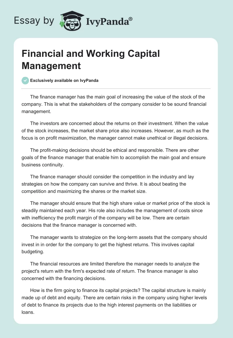 Financial and Working Capital Management. Page 1