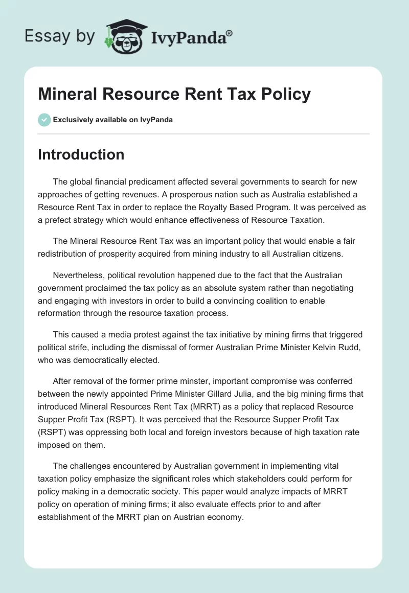 Mineral Resource Rent Tax Policy. Page 1
