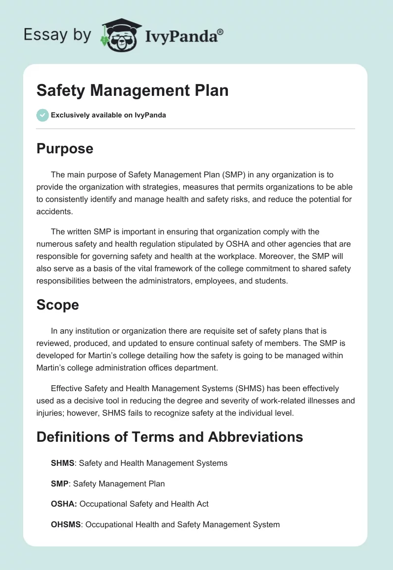 Safety Management Plan. Page 1