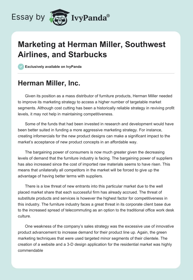 Marketing at Herman Miller, Southwest Airlines, and Starbucks. Page 1