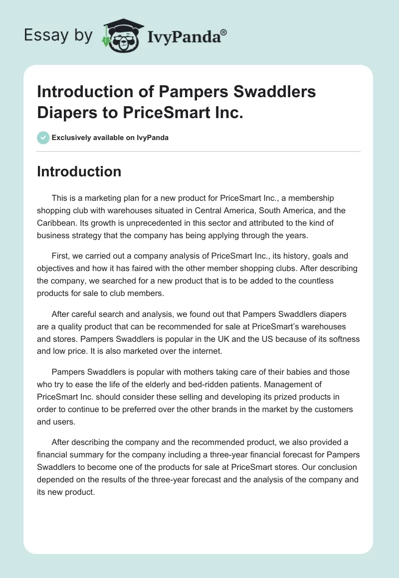 Introduction of Pampers Swaddlers Diapers to PriceSmart Inc.. Page 1