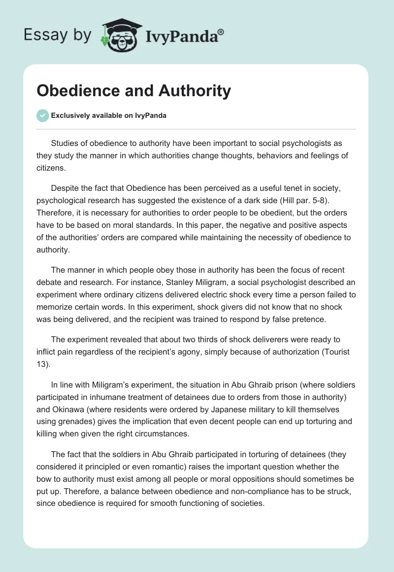 essay about obedience to authority