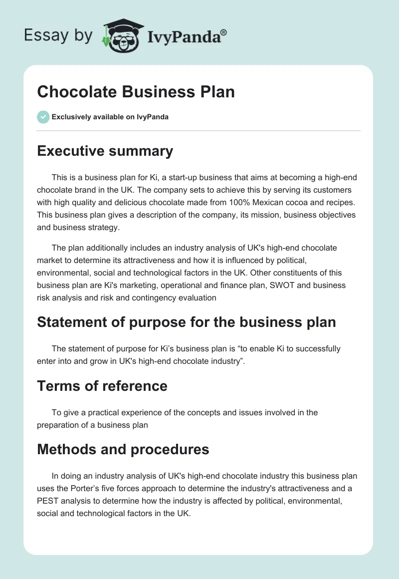 Chocolate Business Plan. Page 1