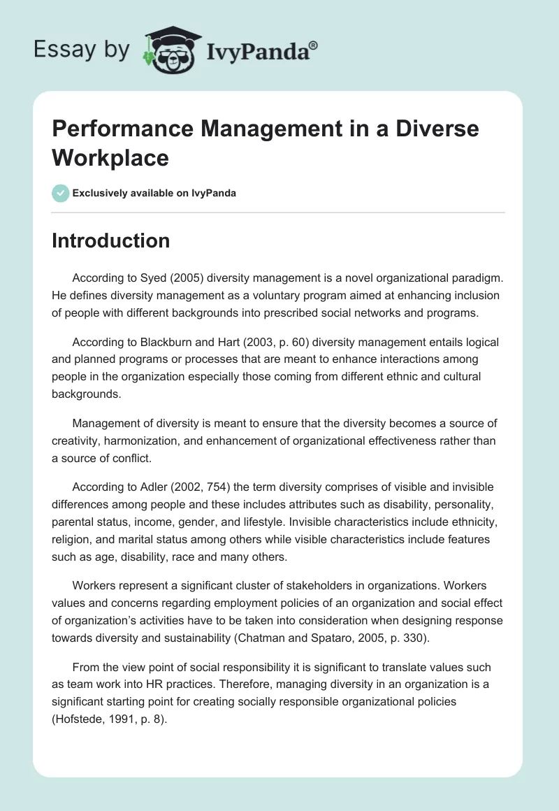 Performance Management in a diverse workplace - 3073 Words | Essay Example
