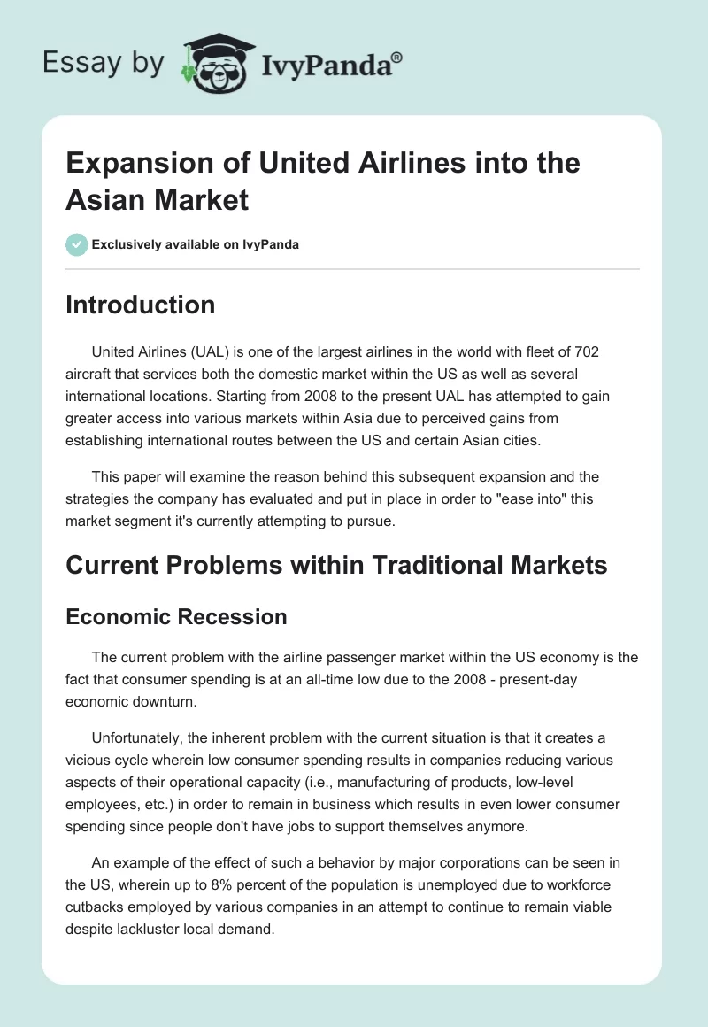 Expansion of United Airlines Into the Asian Market. Page 1