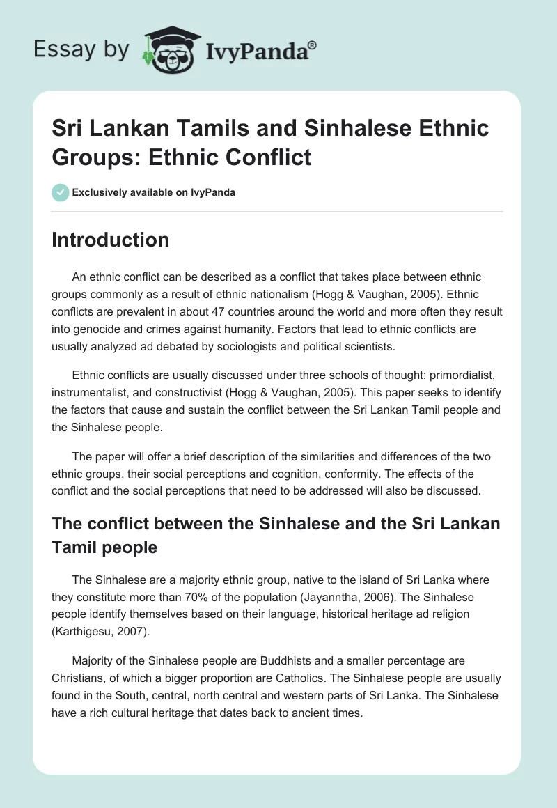 Sri Lankan Tamils and Sinhalese Ethnic Groups: Ethnic Conflict. Page 1