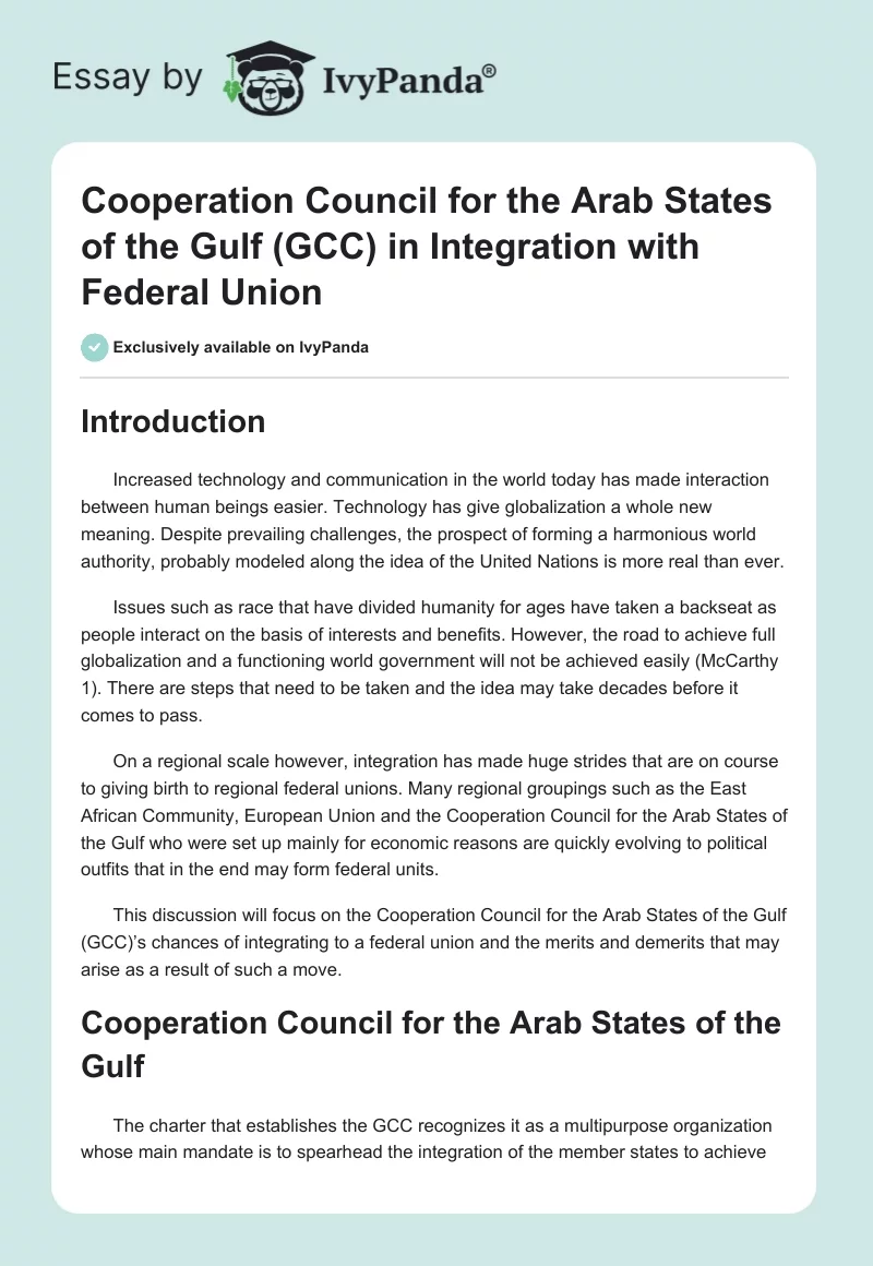 Cooperation Council for the Arab States of the Gulf (GCC) in Integration with Federal Union. Page 1
