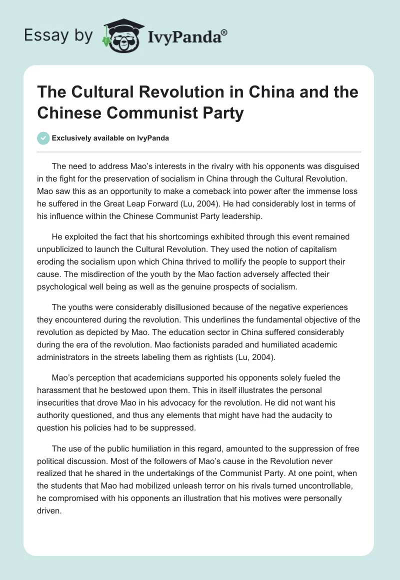 The Cultural Revolution in China and the Chinese Communist Party. Page 1