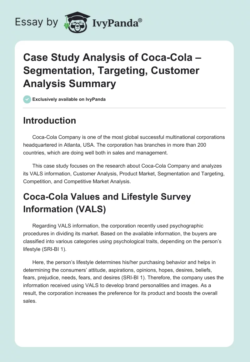 Case Study Analysis of Coca-Cola – Segmentation, Targeting, Customer Analysis Summary. Page 1