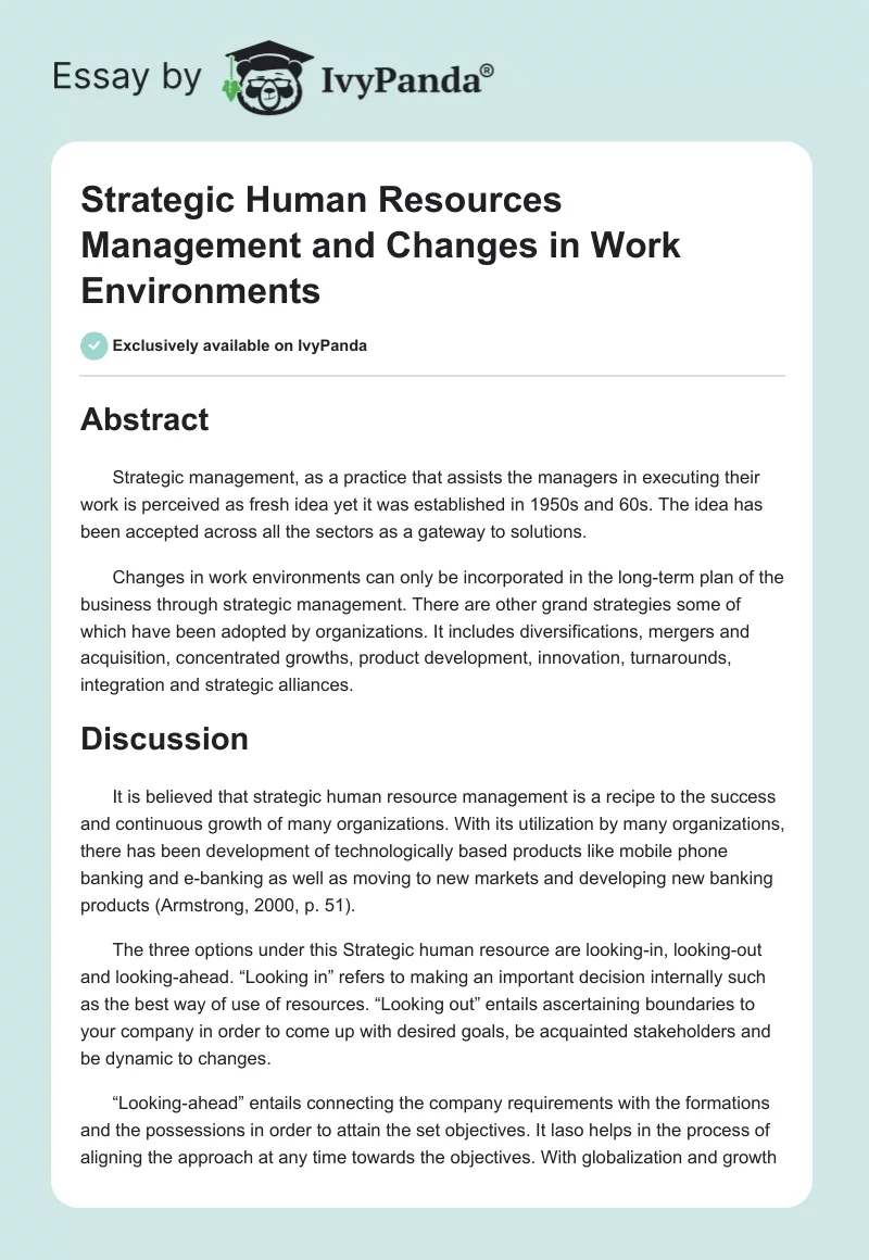 Strategic Human Resources Management and Changes in Work Environments. Page 1
