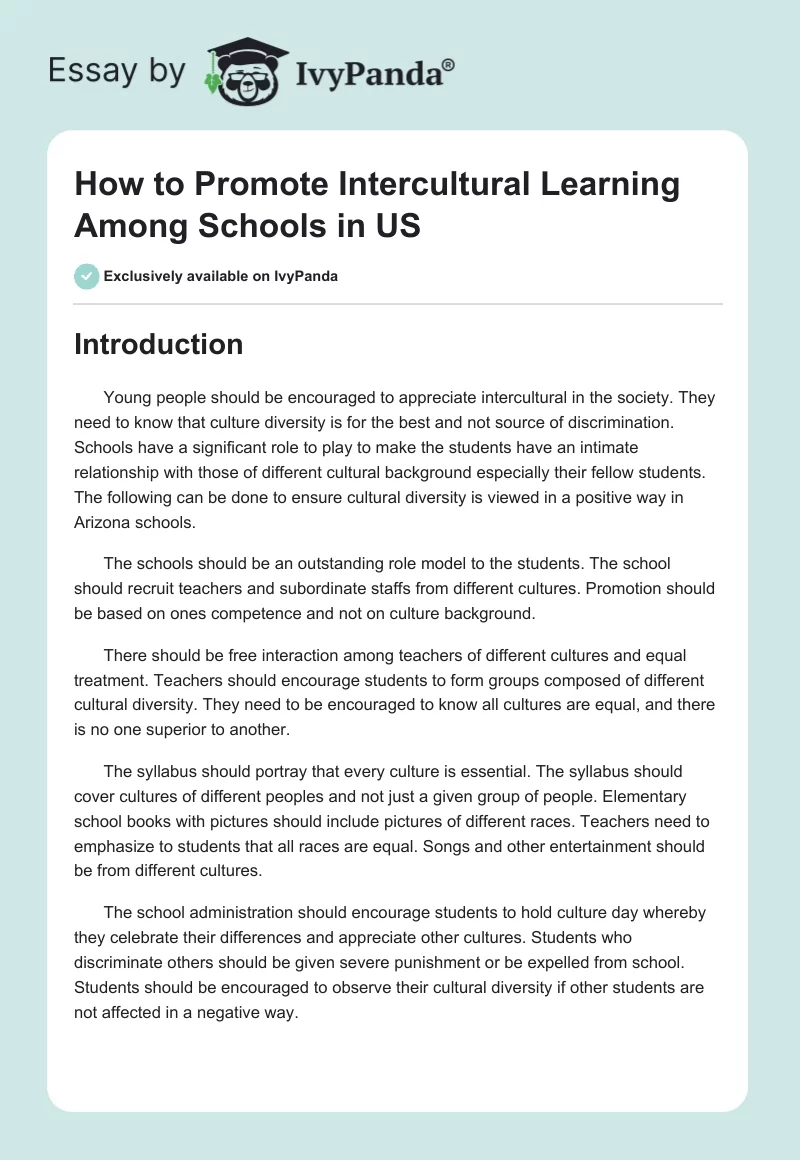 How to Promote Intercultural Learning Among Schools in US. Page 1