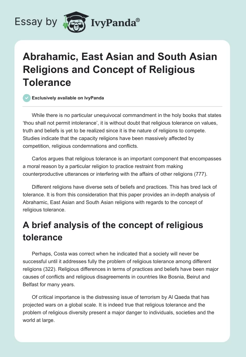 Abrahamic, East Asian and South Asian Religions and Concept of Religious Tolerance. Page 1