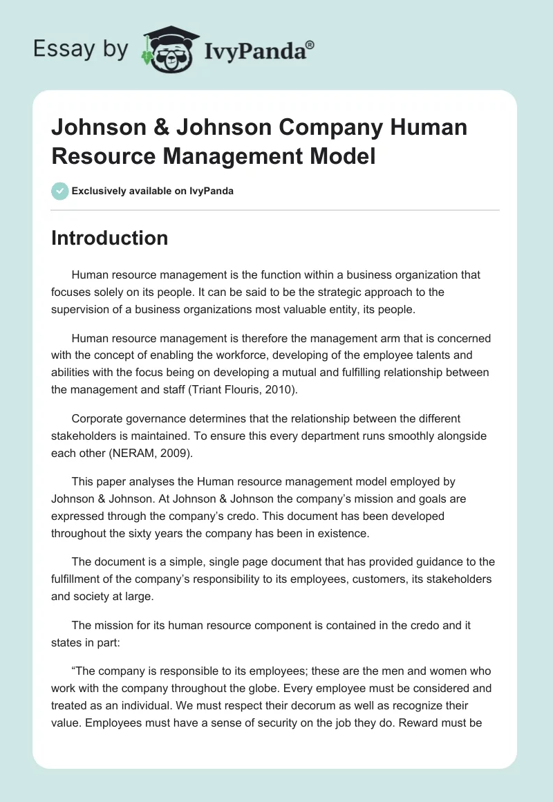 Johnson & Johnson Company Human Resource Management Model. Page 1