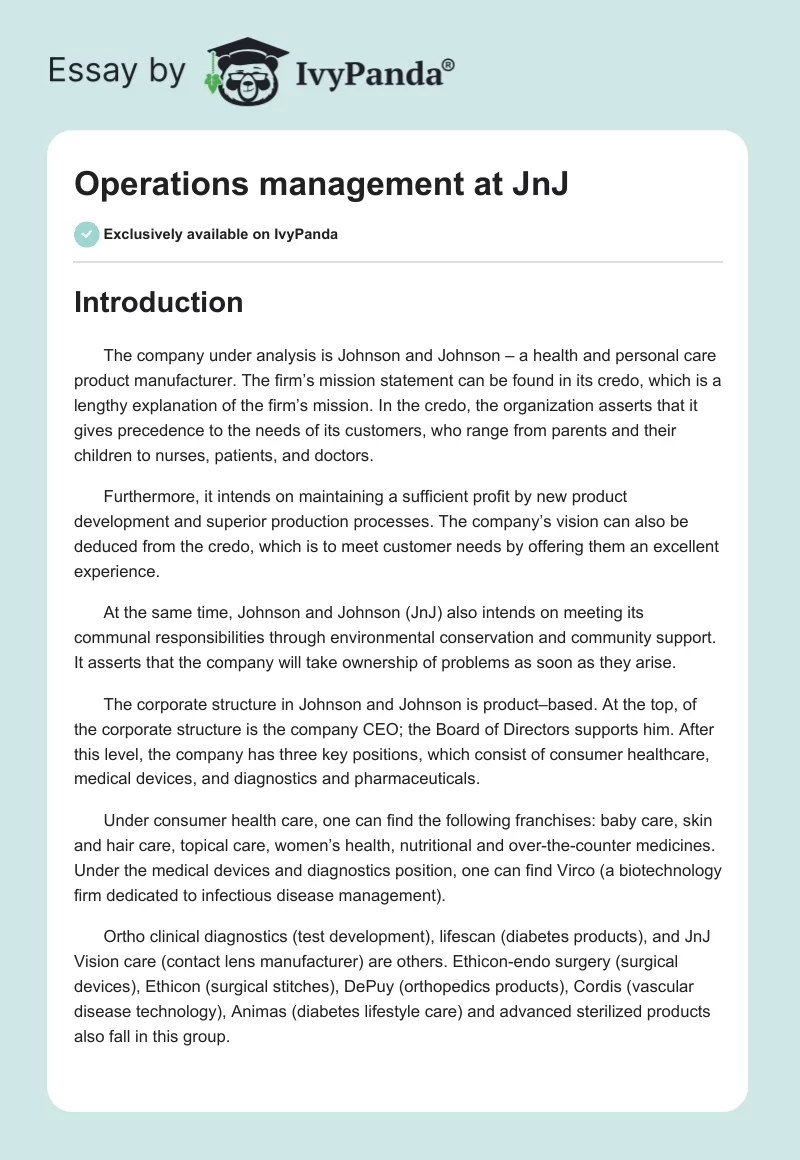 Operations Management at JnJ. Page 1