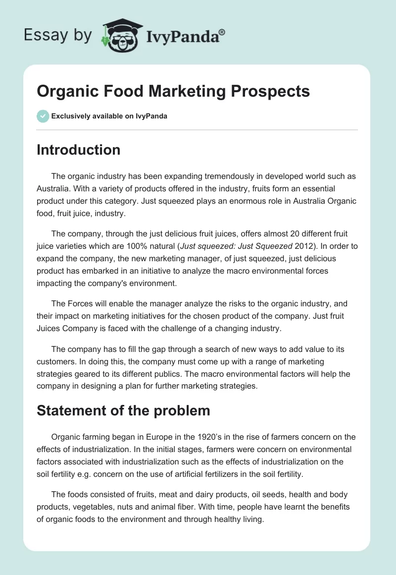 Organic Food Marketing Prospects. Page 1