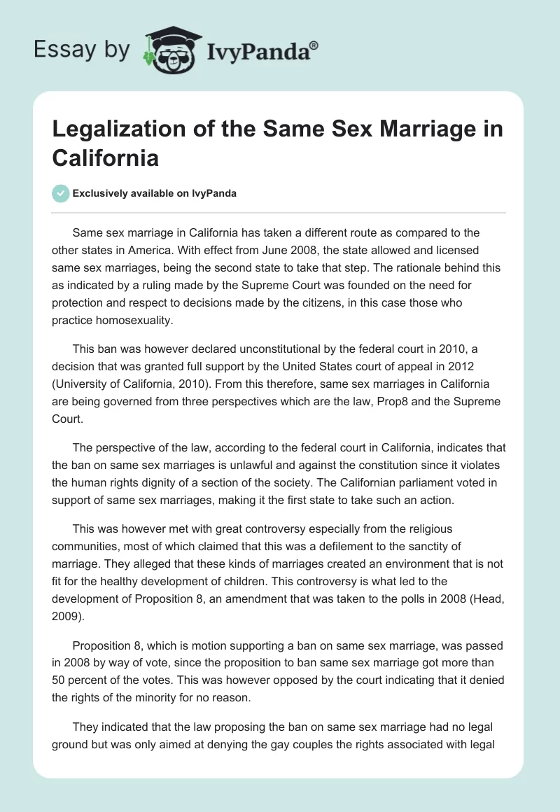 Legalization of the Same Sex Marriage in California. Page 1