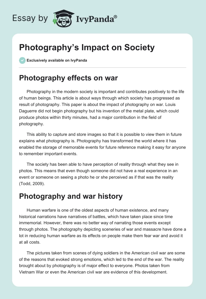 Photography’s Impact on Society. Page 1