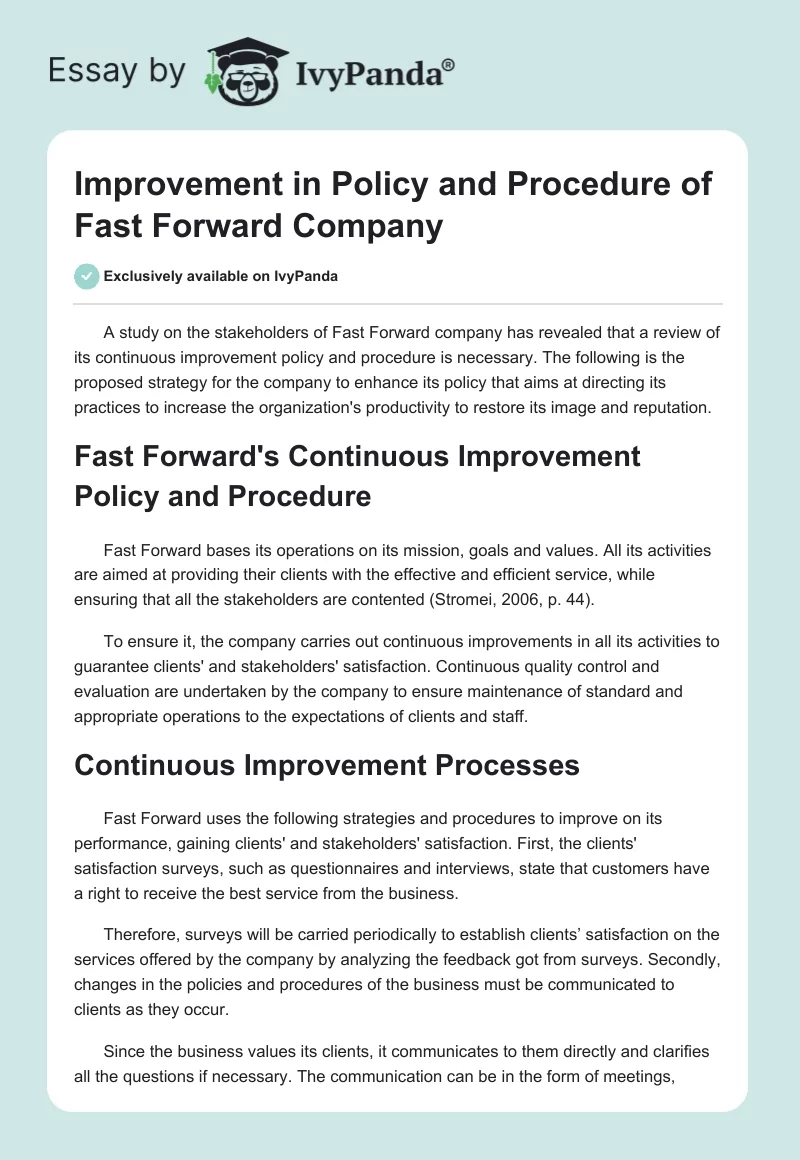 Improvement in Policy and Procedure of Fast Forward Company. Page 1
