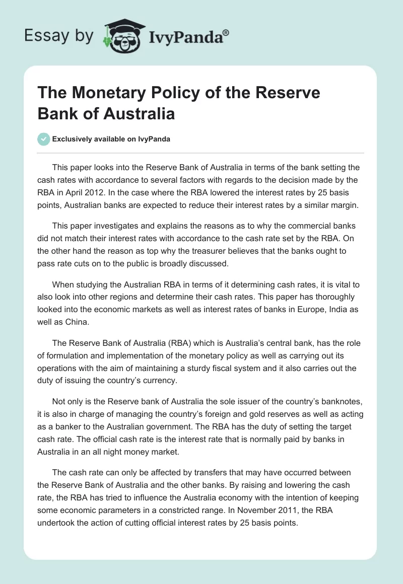The Monetary Policy of the Reserve Bank of Australia. Page 1
