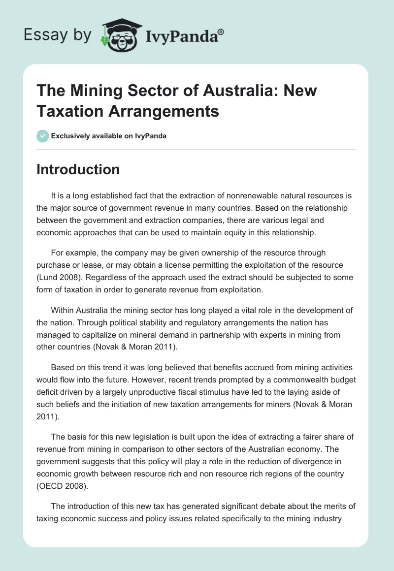 The Mining Sector of Australia: New Taxation Arrangements. Page 1