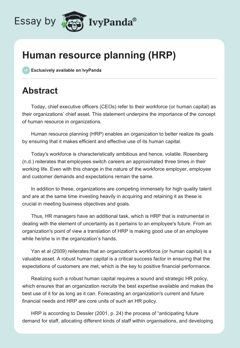 Human resource planning (HRP). Page 1