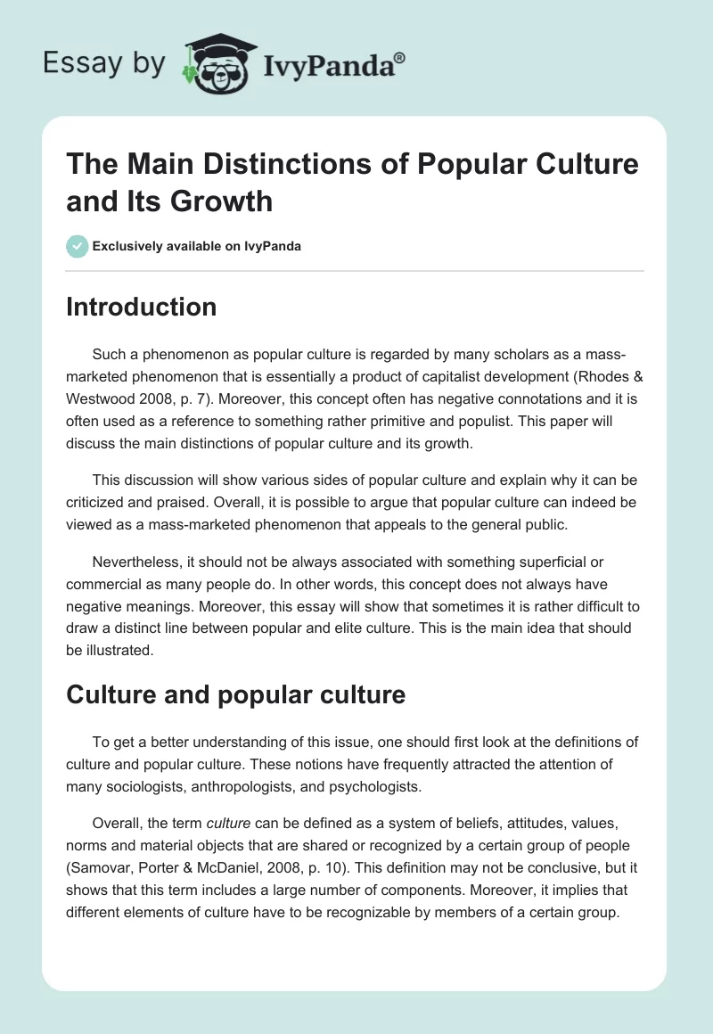 The Main Distinctions of Popular Culture and Its Growth. Page 1
