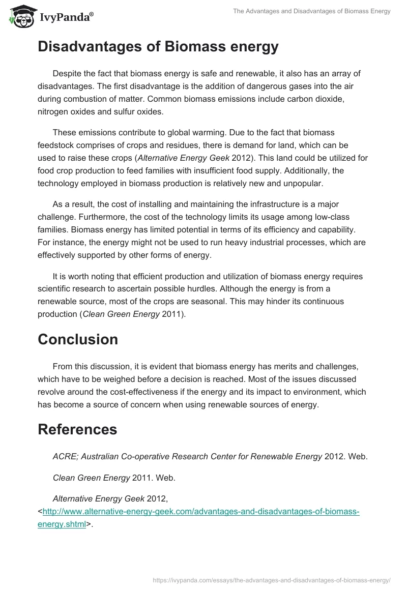 The Advantages and Disadvantages of Biomass Energy. Page 2
