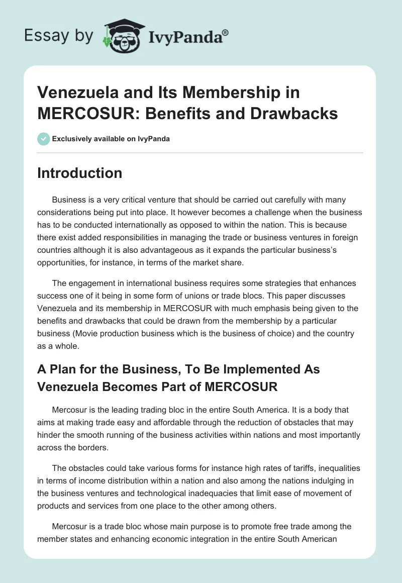 Venezuela and Its Membership in MERCOSUR: Benefits and Drawbacks. Page 1