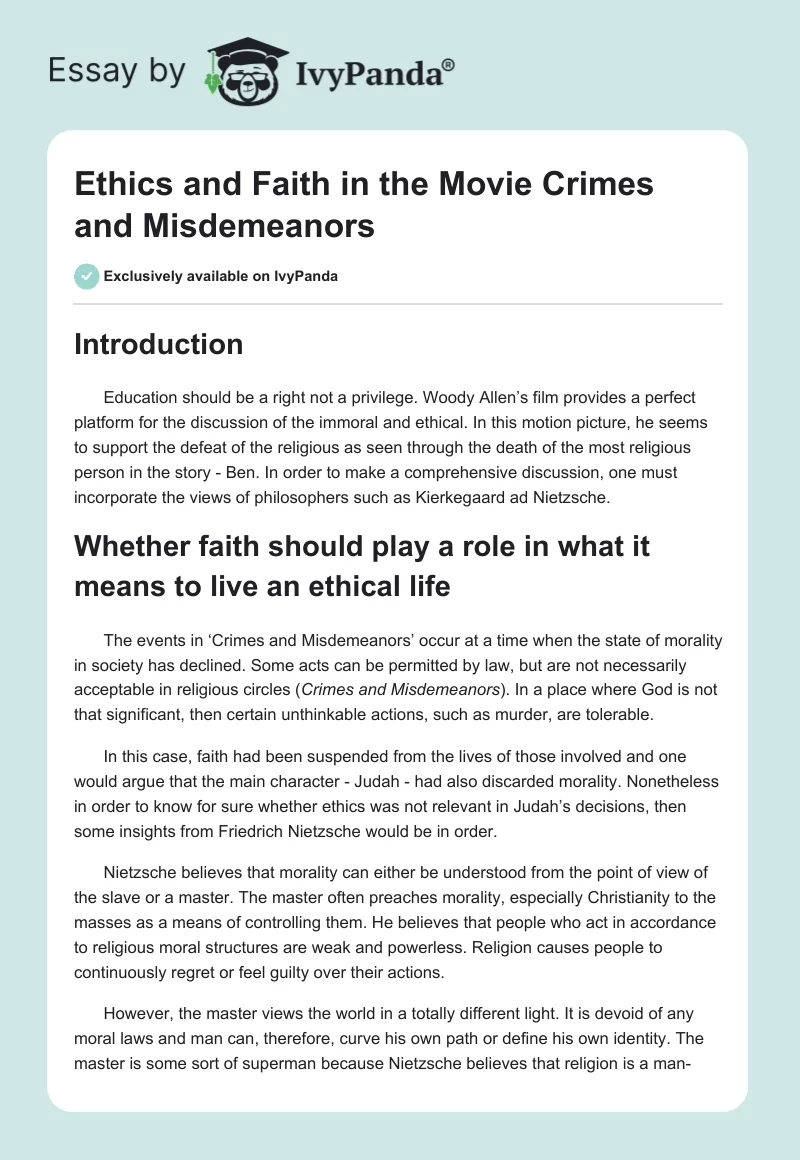 Ethics and Faith in the Movie "Crimes and Misdemeanors". Page 1