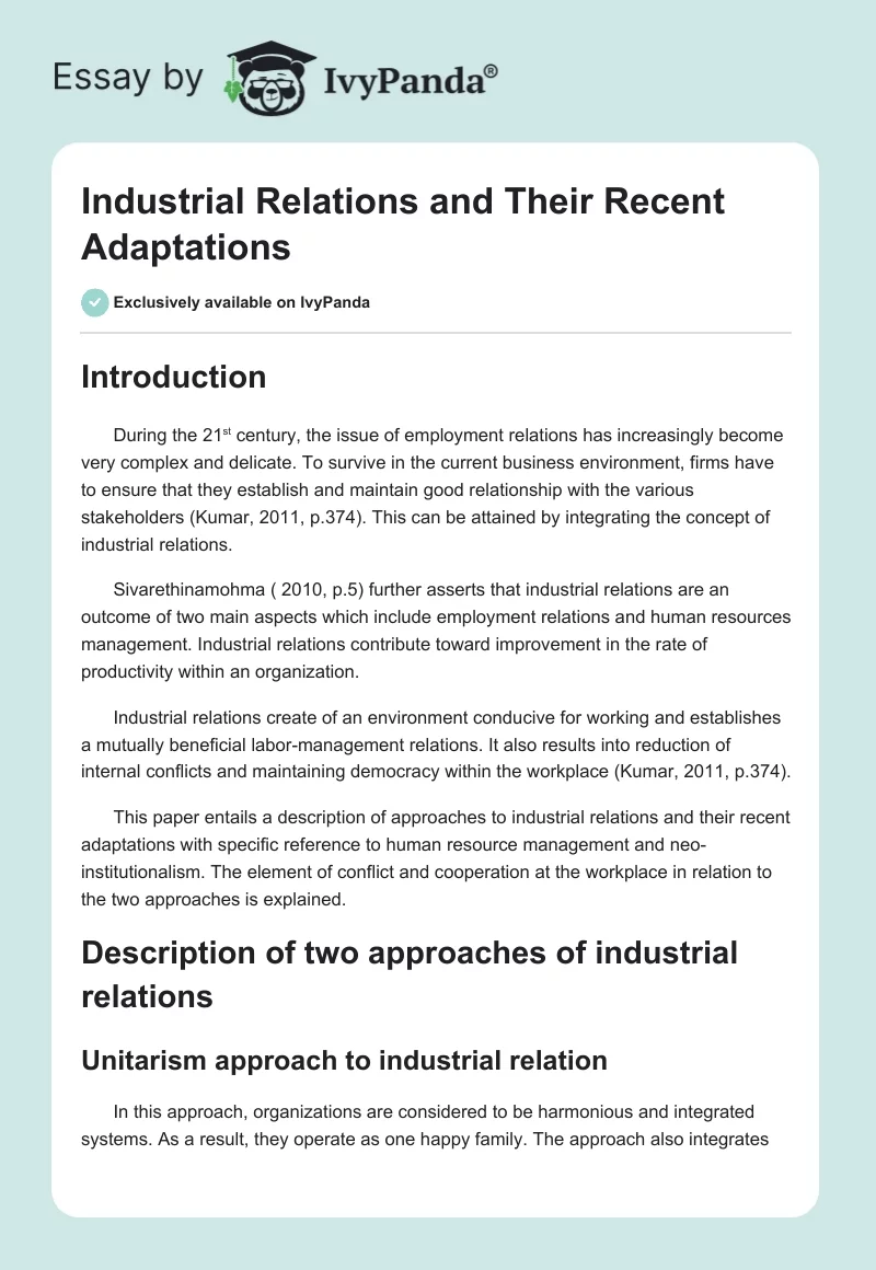 Industrial Relations and Their Recent Adaptations. Page 1
