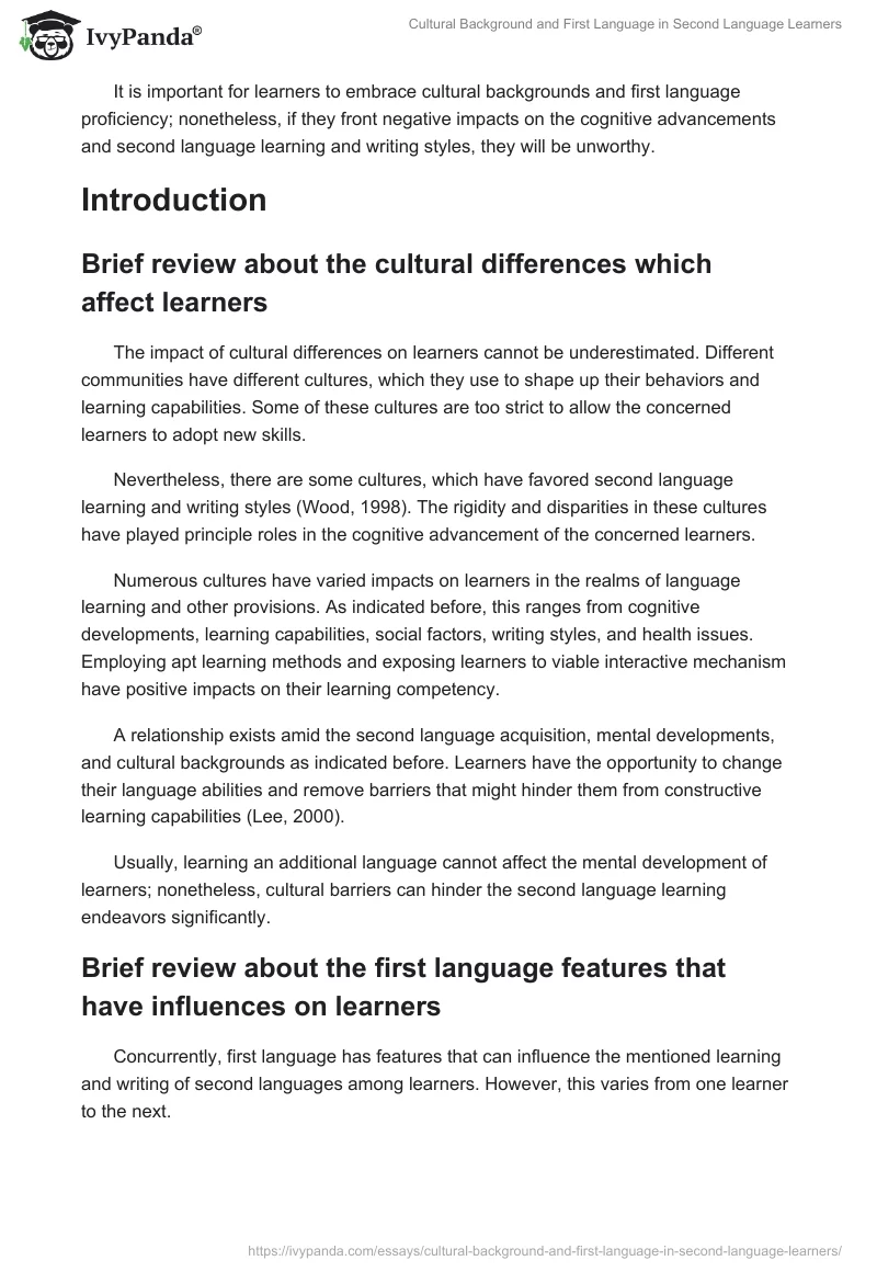 Cultural Background and First Language in Second Language Learners. Page 2