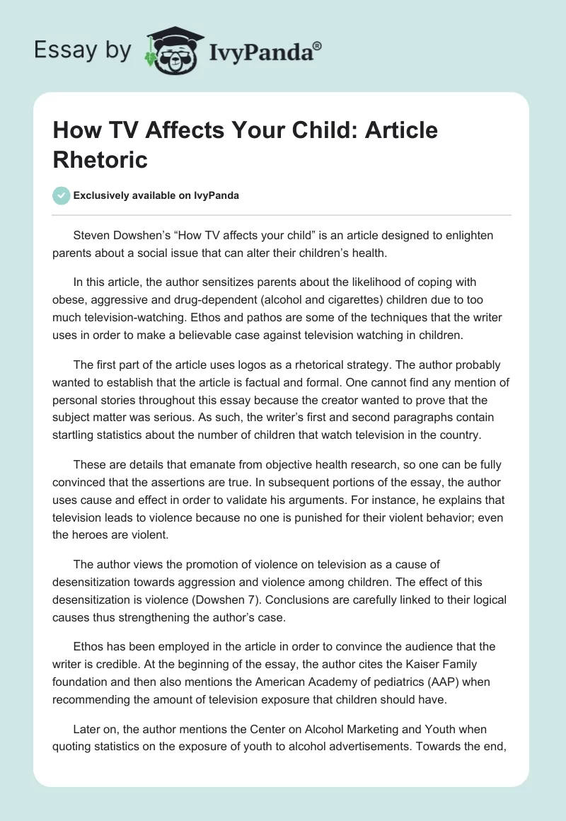 How TV Affects Your Child: Article Rhetoric. Page 1
