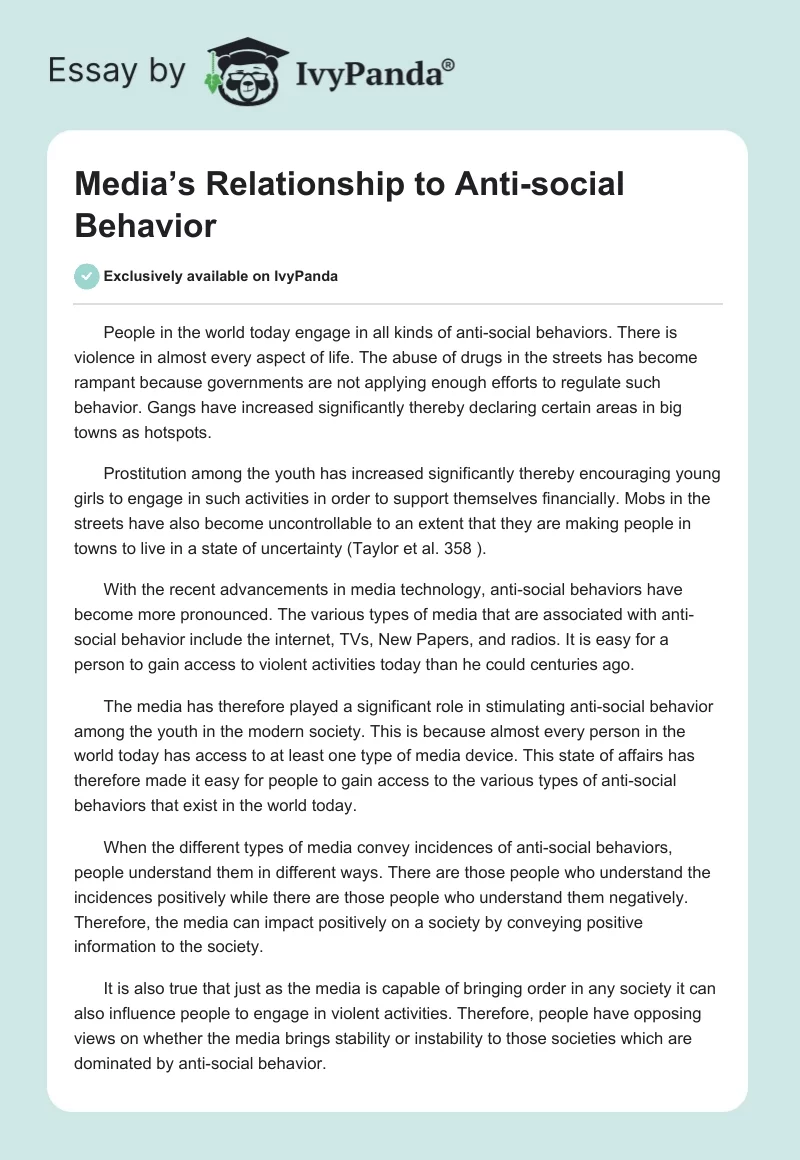 Media’s Relationship to Anti-social Behavior. Page 1